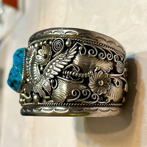 Vintage Navajo G James Signed Kingman Turquoise Silver Cuff Bracelet Heavy🔥🔥🔥 - Picture 4 of 16